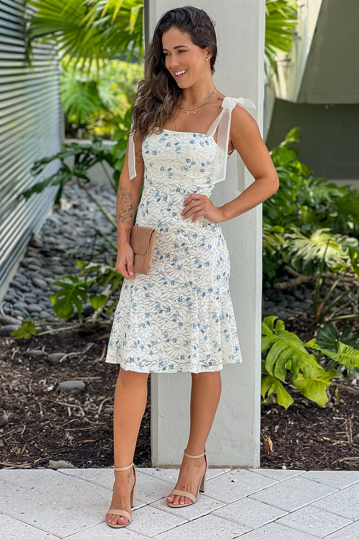 Ivory And Blue Floral Midi Dress