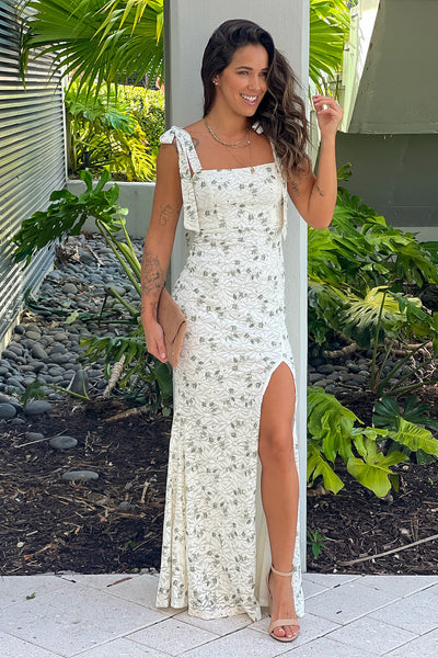 ivory and green floral bridesmaids maxi dress