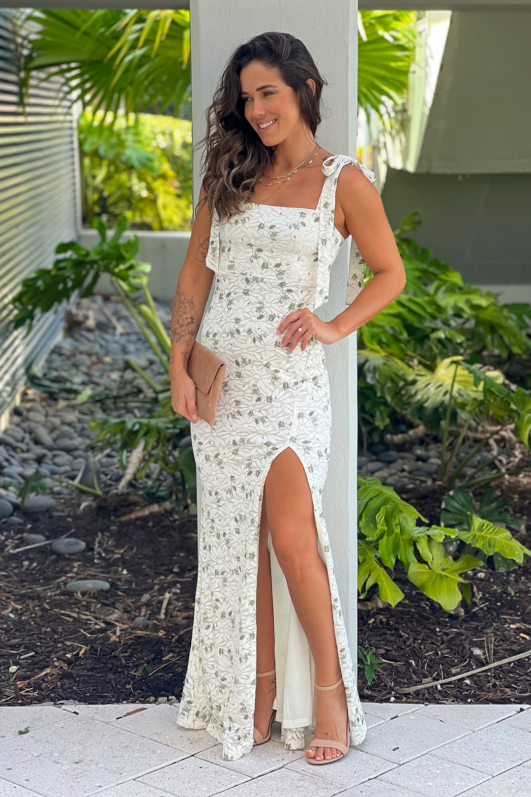 Ivory And Green Floral Maxi Dress With Slit Maxi Dresses Saved by the Dress