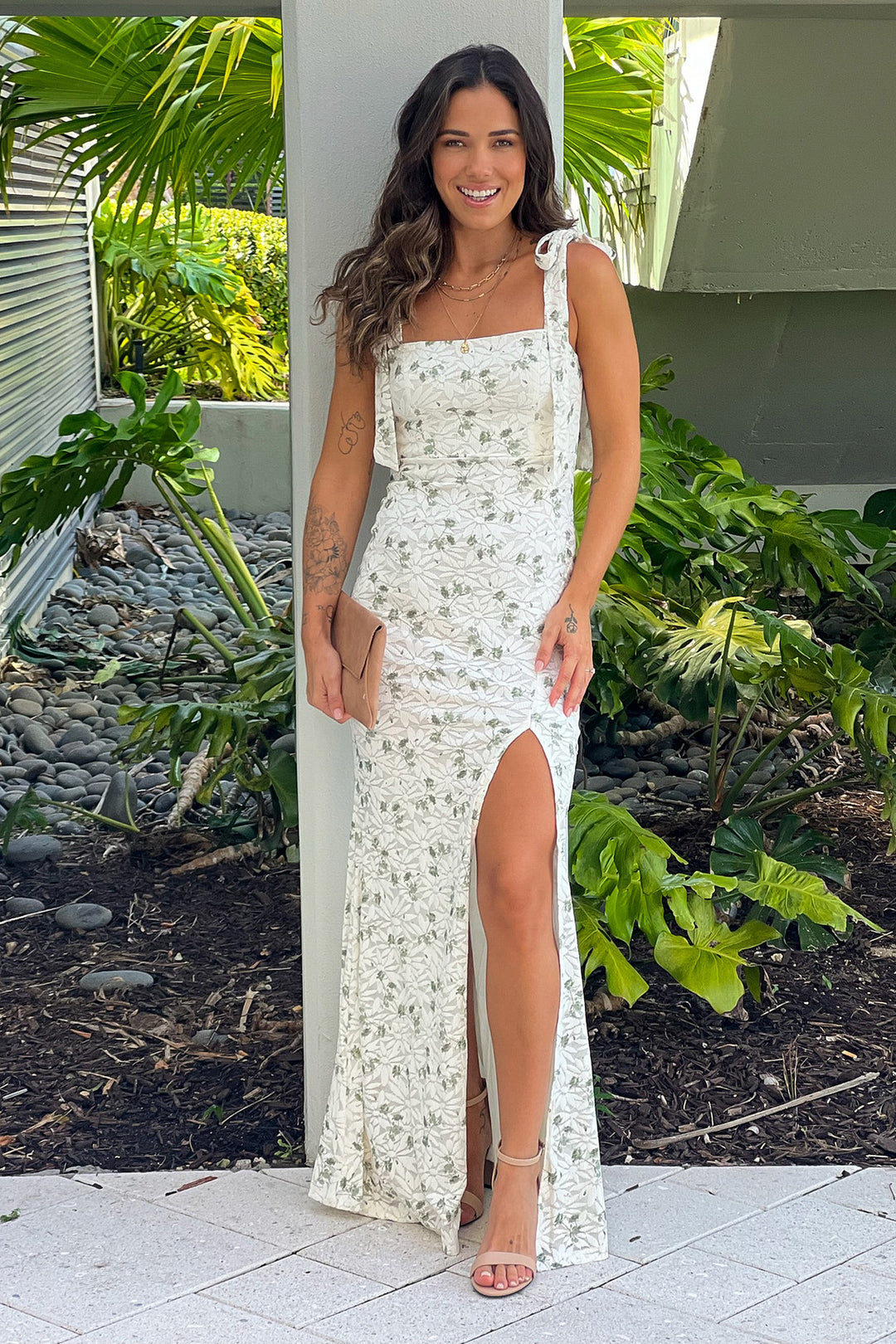 Ivory And Green Floral Maxi Dress With Slit Ivory And Green Floral Maxi Dress With Slit
