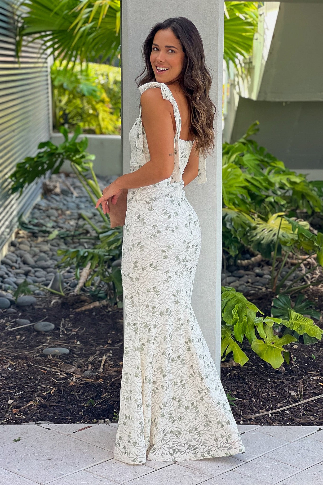 ivory and green floral prom maxi dress