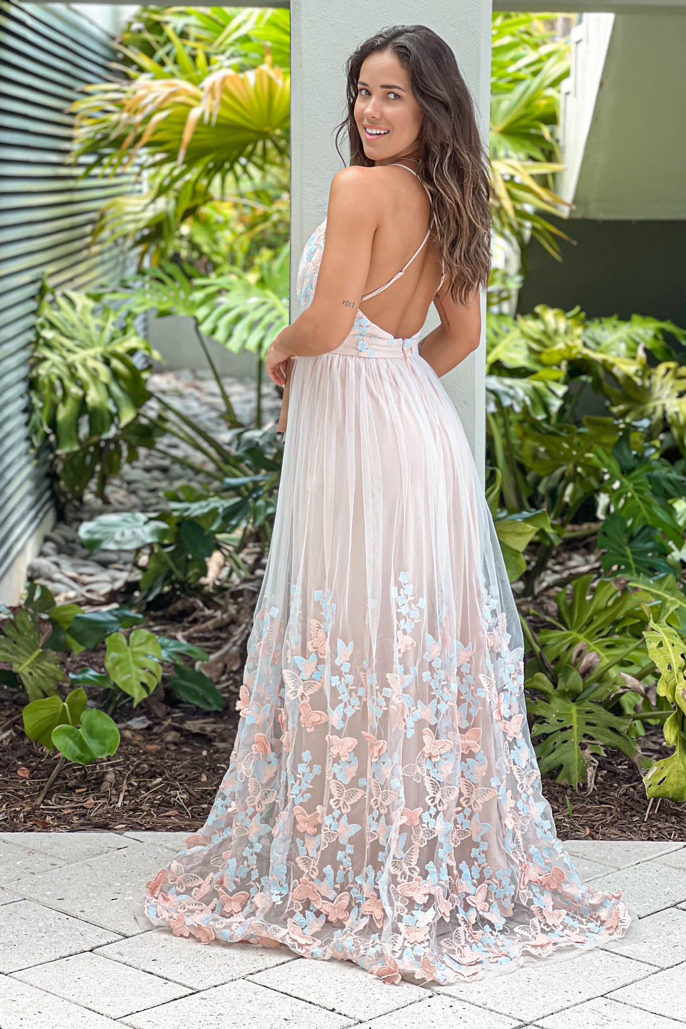 ivory and nude criss cross back maxi dress