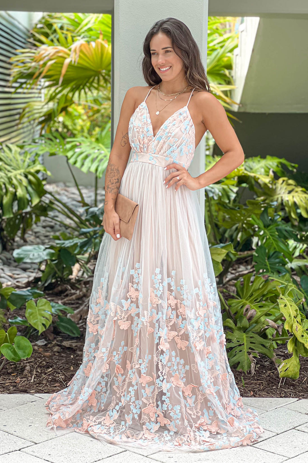 knee length dresses for ladies Ivory And Nude Mesh Butterfly Maxi Dress