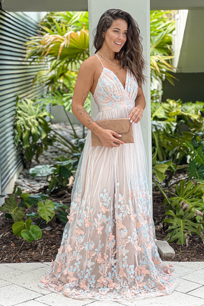 ivory and nude mesh maxi dress