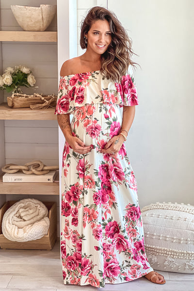 ivory and rose floral maternity maxi dress