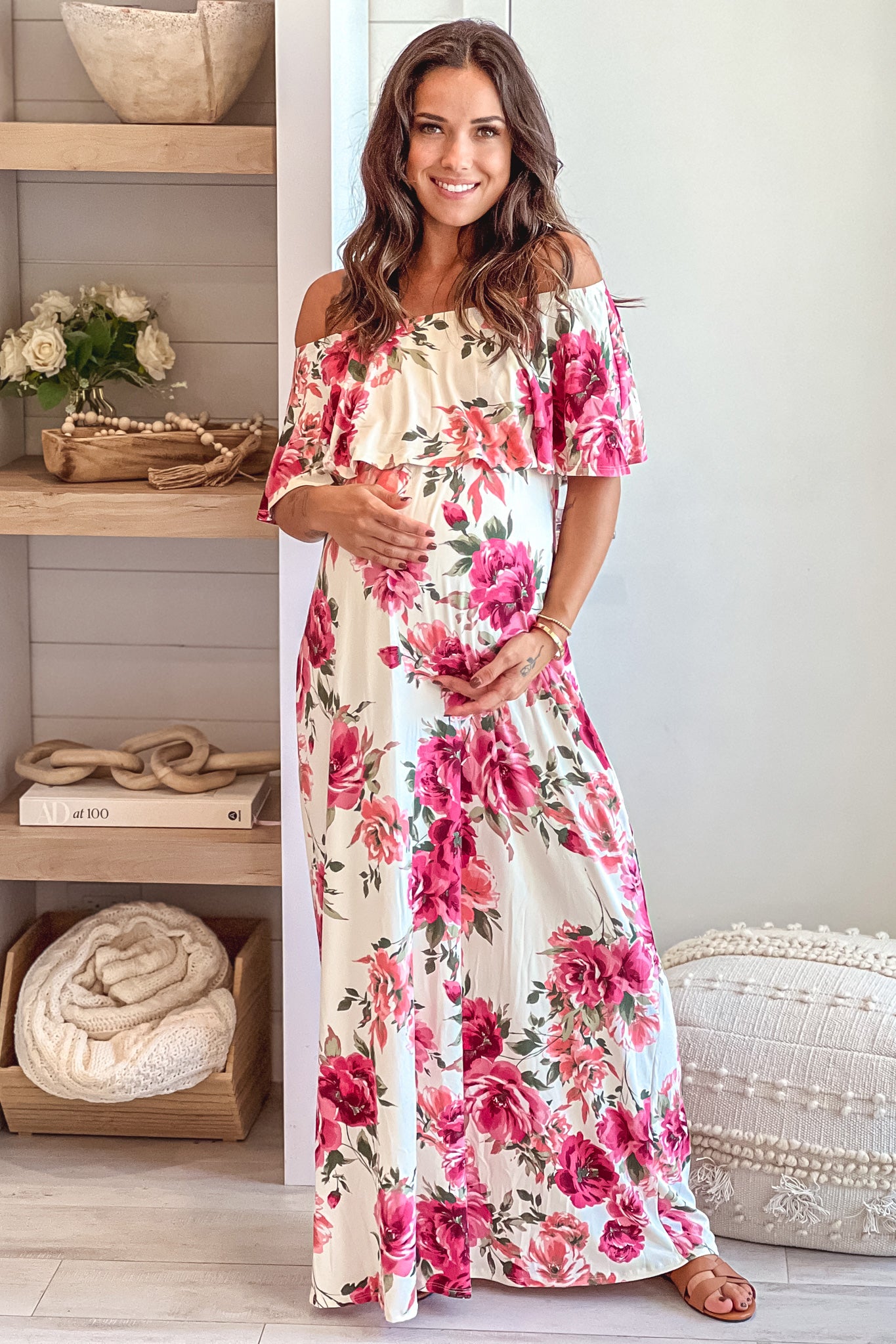 ivory and rose off shoulder maternity maxi dress