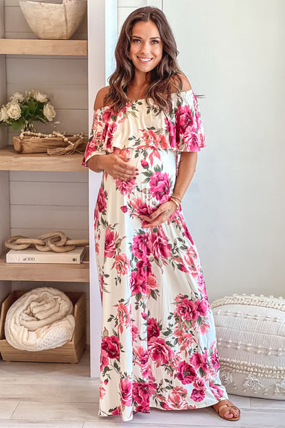 ivory and rose off shoulder maternity maxi dress