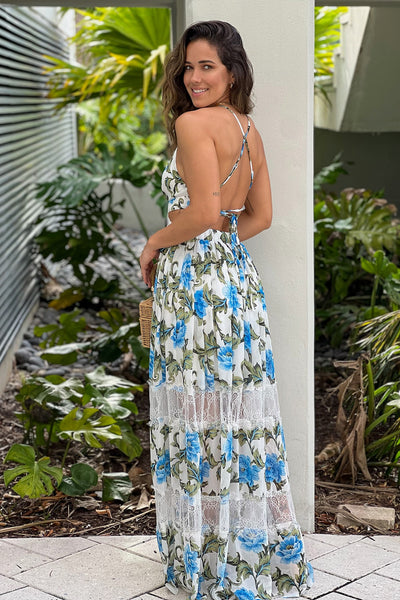 ivory floral maxi dress with criss cross back