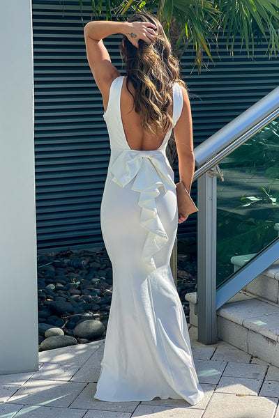 ivory maxi dress with open back and bow