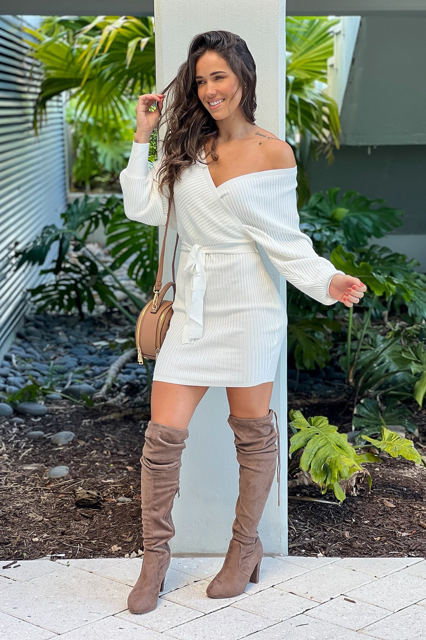 ivory ribbed short dress with long sleeves