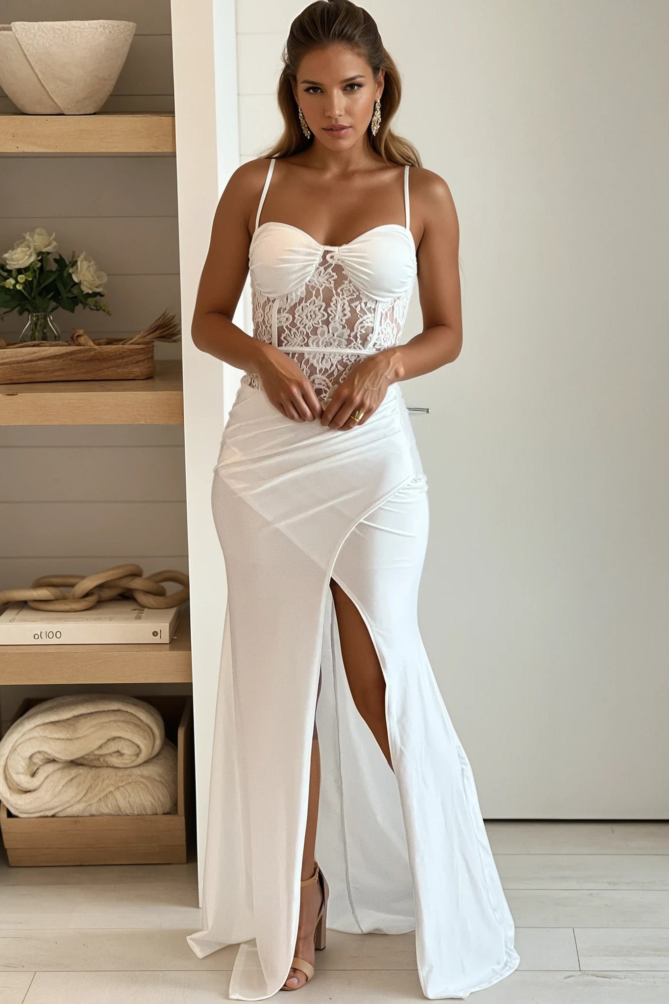 ivory sheer lace corset bodice maxi dress with slit