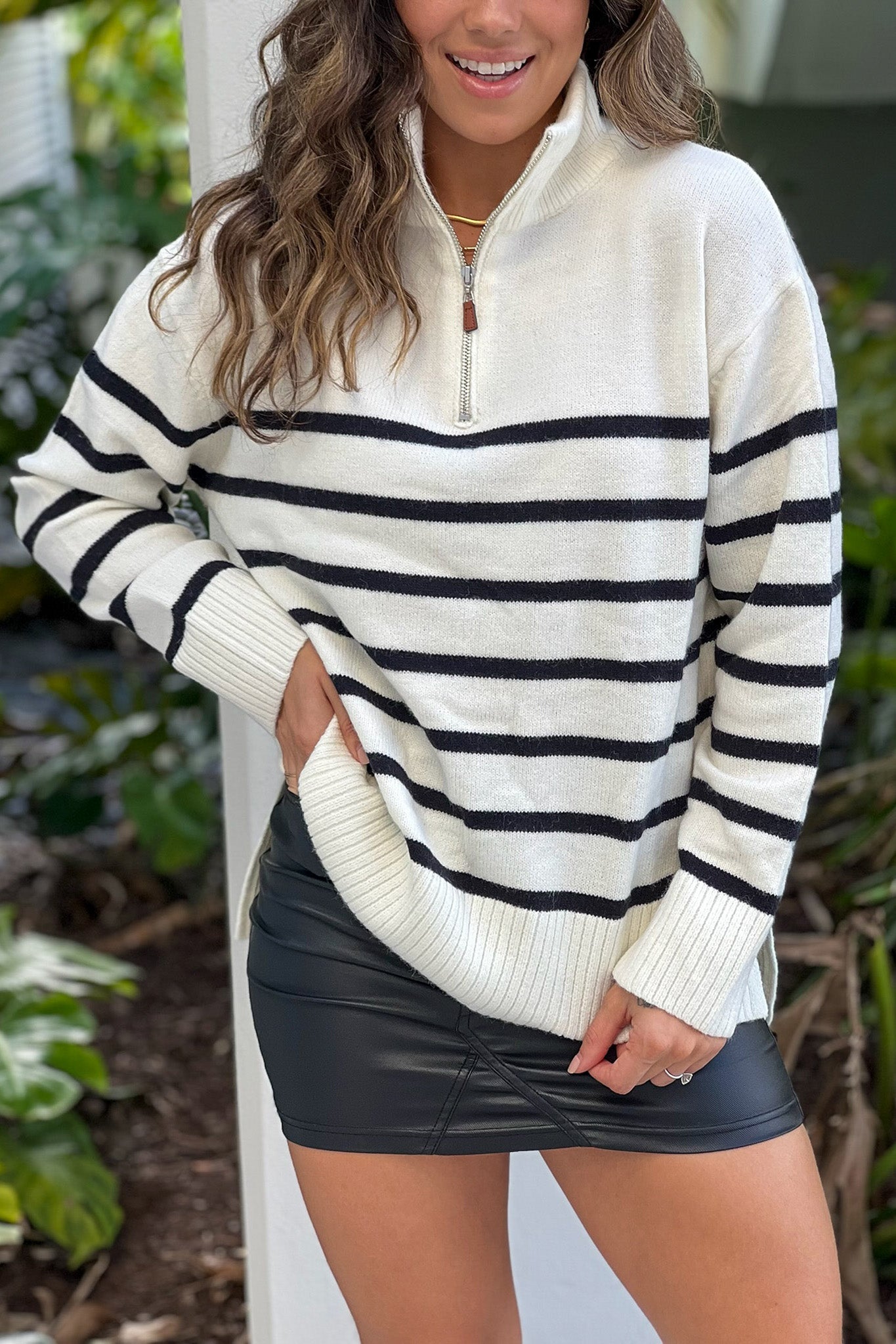 ivory striped zip up pullover
