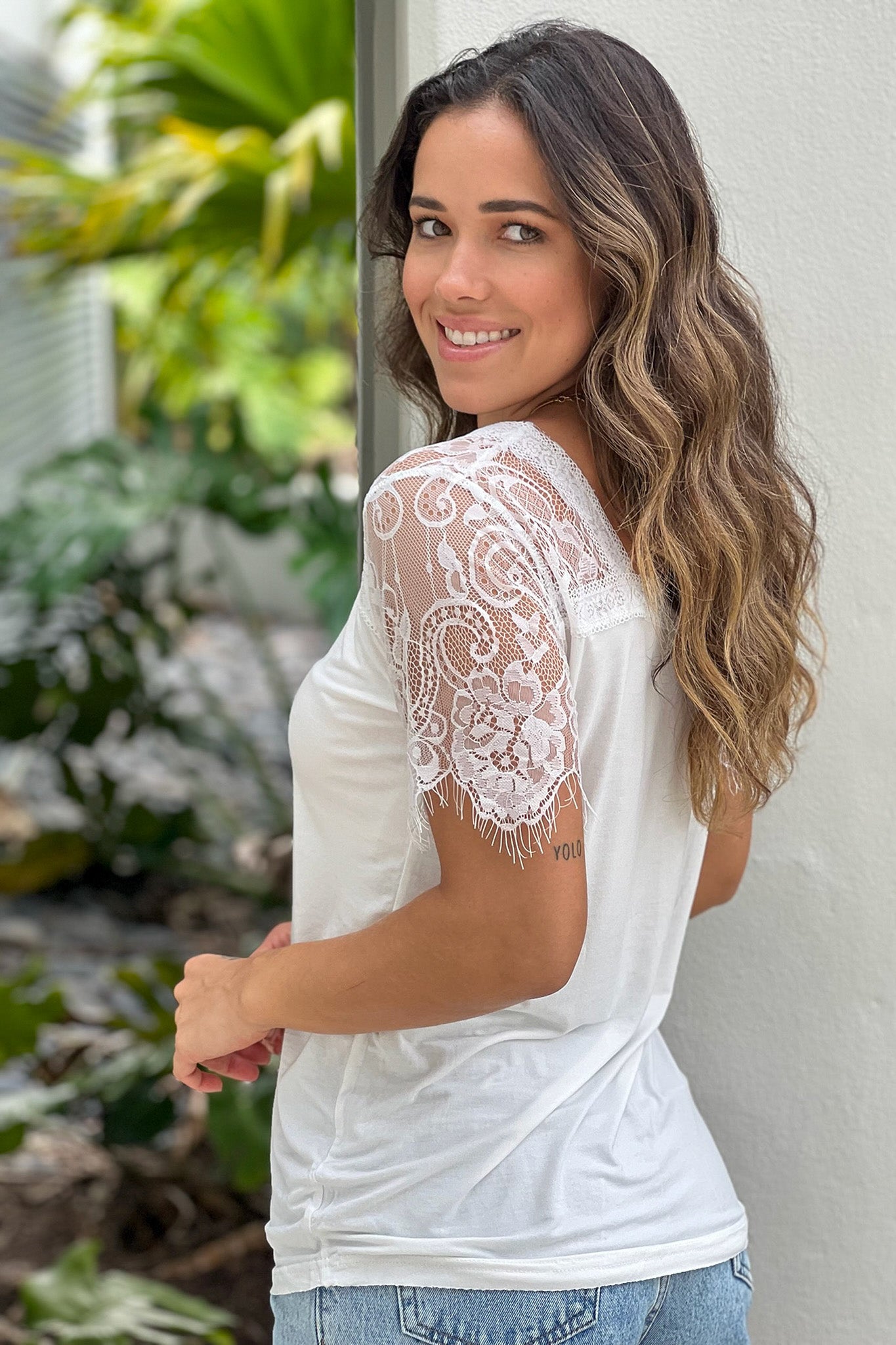 ivory top with lace sleeves