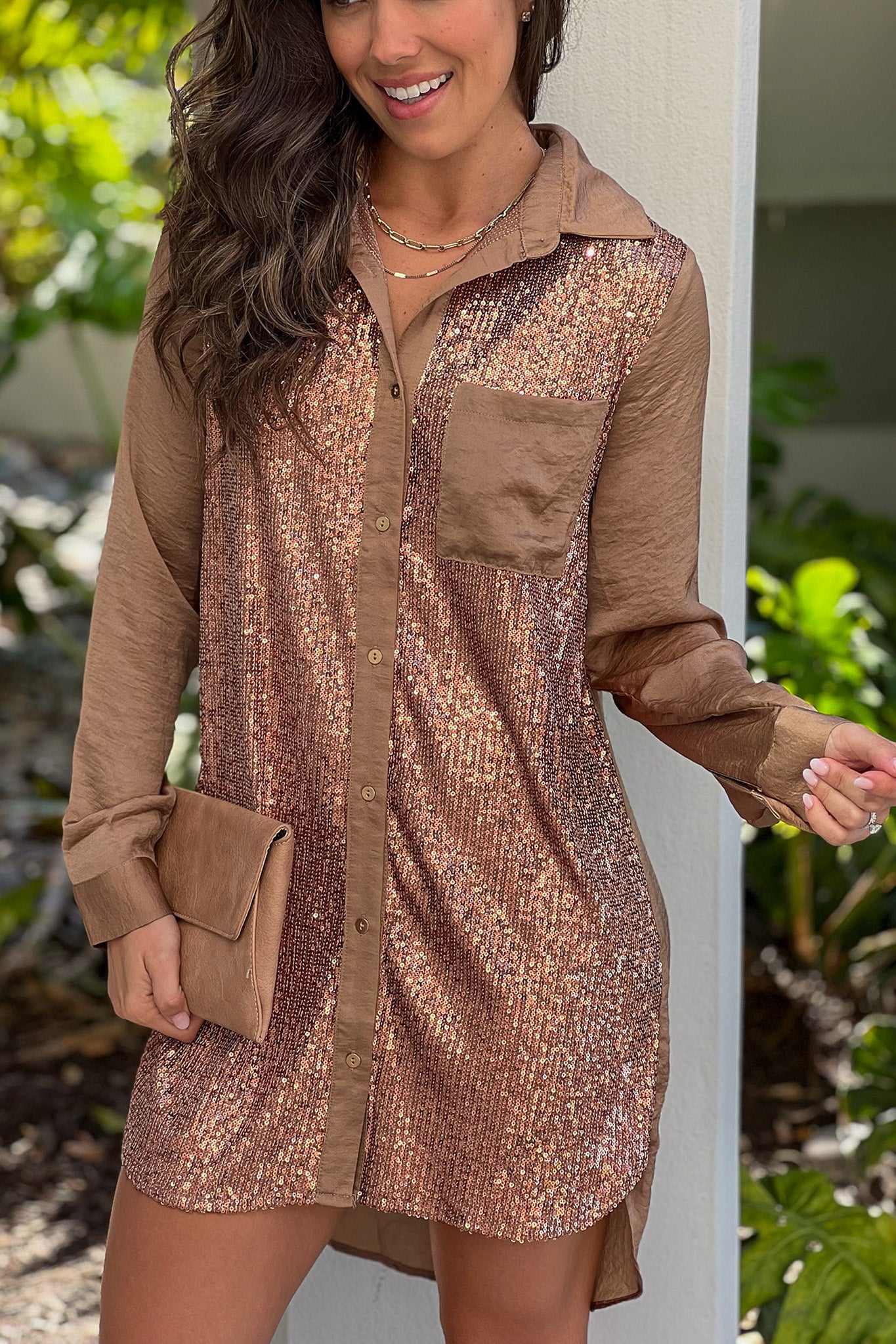 latte button down sequin short dress