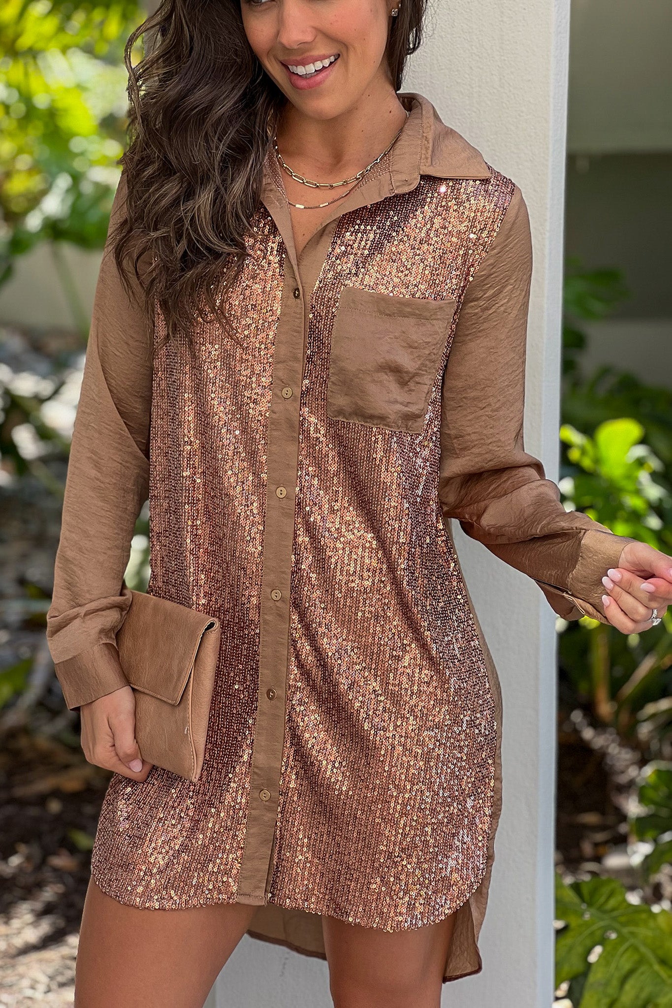 Latte Button Down Sequin Shirt Dress | Cute Dresses Saved by the Dress Latte Button Down Sequin Shirt Dress | Cute Dresses Saved by the Dress