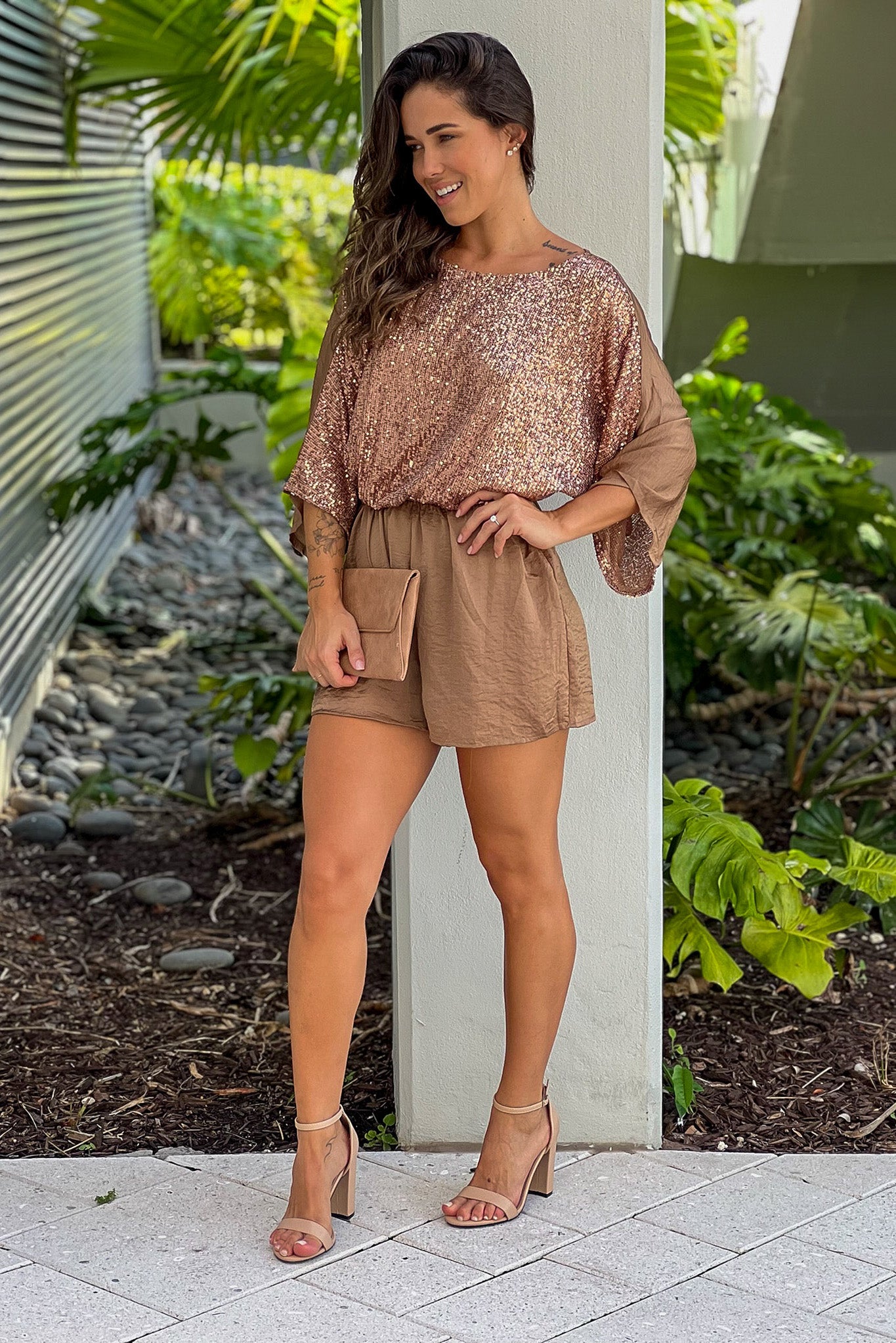 latte satin romper with long sleeves