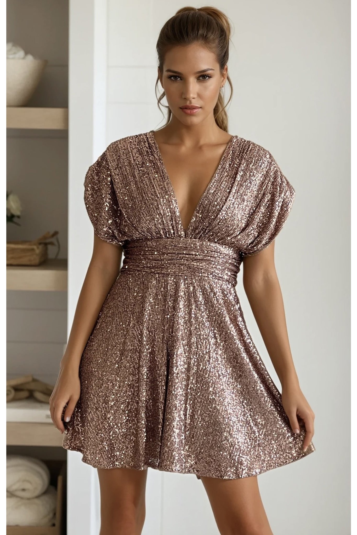 Latte Sequin V-Neck Mini Dress | Short Dresses Saved by the Dress Latte Sequin V-Neck Mini Dress | Short Dresses Saved by the Dress