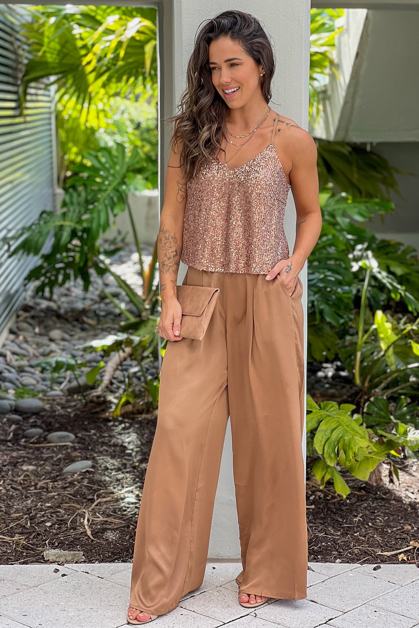 latte sequin top and satin pants set with pockets