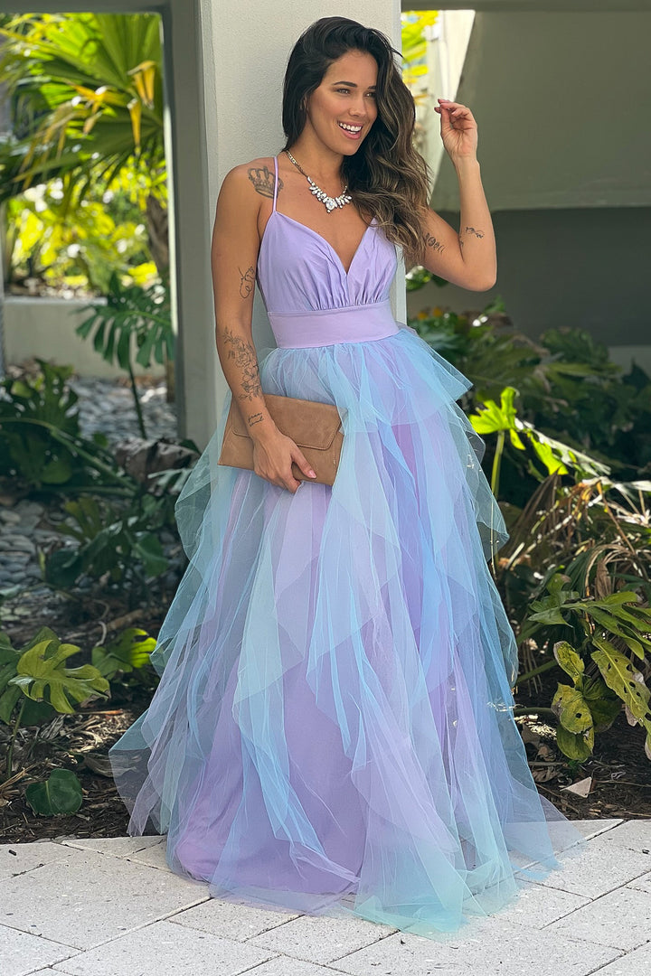 Lavender And Blue Ruffled Mesh Maxi Dress | Maxi Dresses Saved by the Dress Lavender And Blue Ruffled Mesh Maxi Dress | Maxi Dresses Saved by the Dress