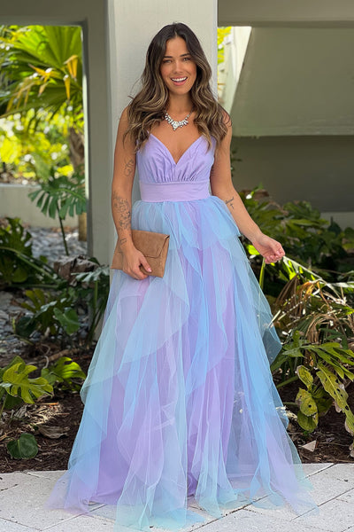 lavender and blue ruffled mesh maxi dress