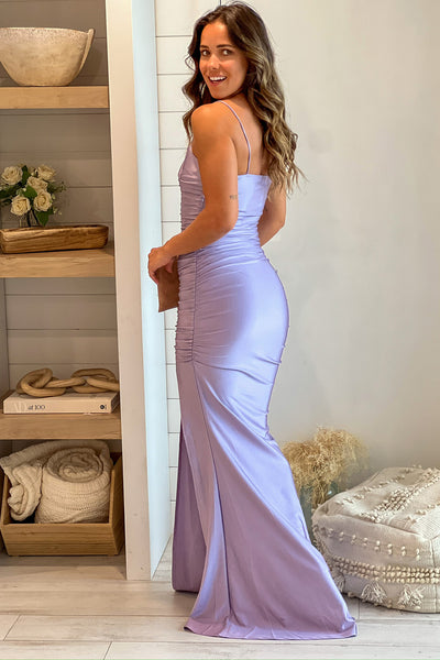 lavender metallic ruched maxi dress