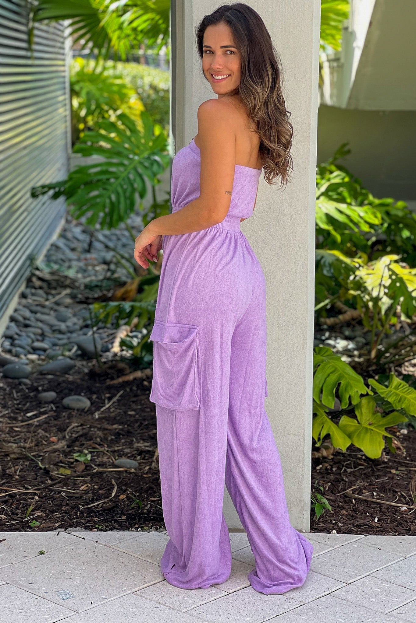 lavender strapless jumpsuit with pockets