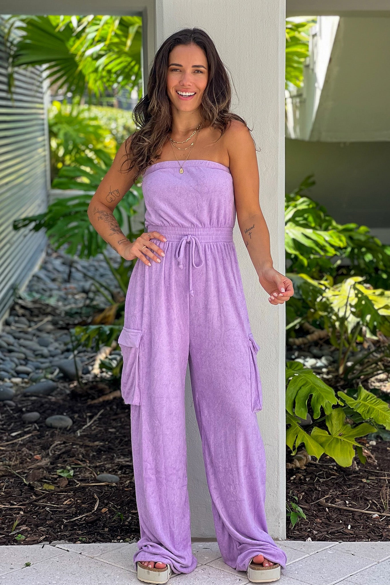 lavender strapless jumpsuit