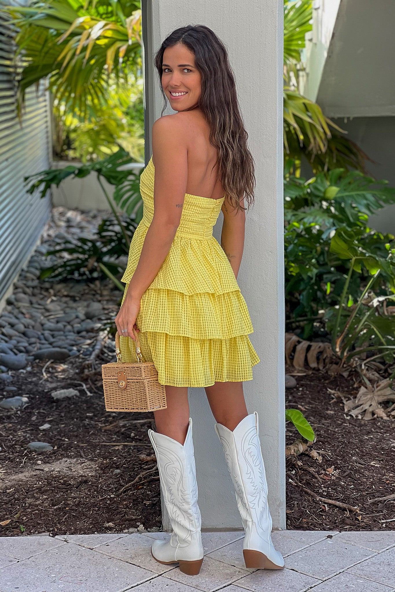 lemon gingham open back short dress