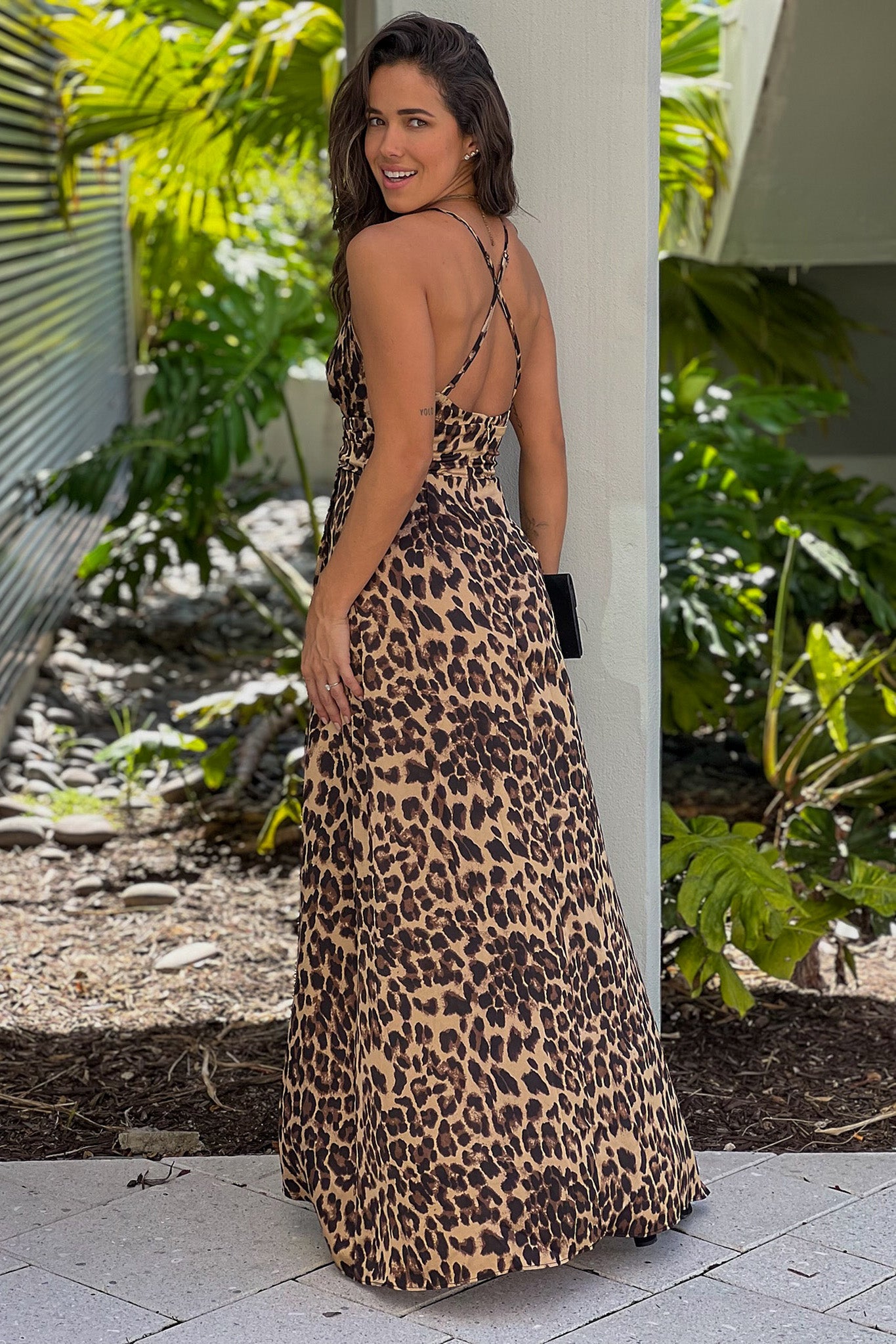 leopard maxi dress with criss cross back