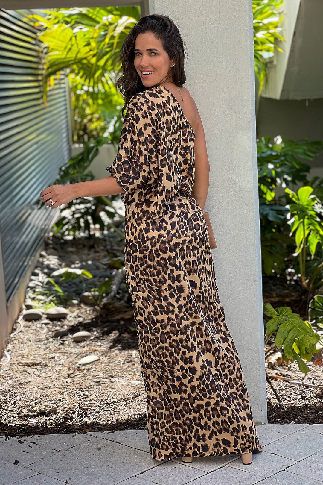 navy blue dress for baby girl Long Sleeve Ruched Bra Detail Maxi Dress in Brown Leopard Print, Women's Size US 4