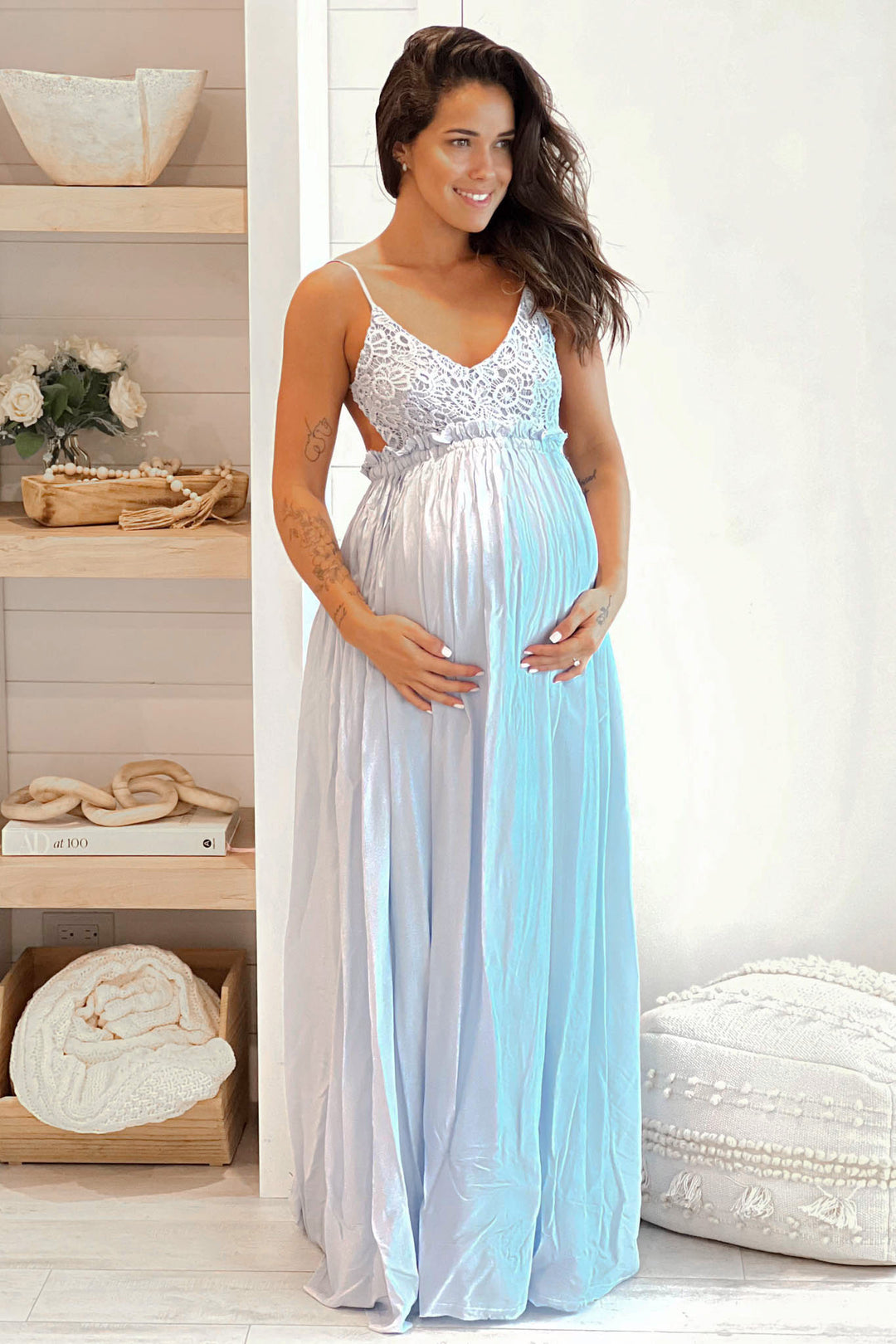 Light Blue Crochet Top Maternity Maxi Dress With Open Back | Maxi Dresses –  Saved by the Dress
