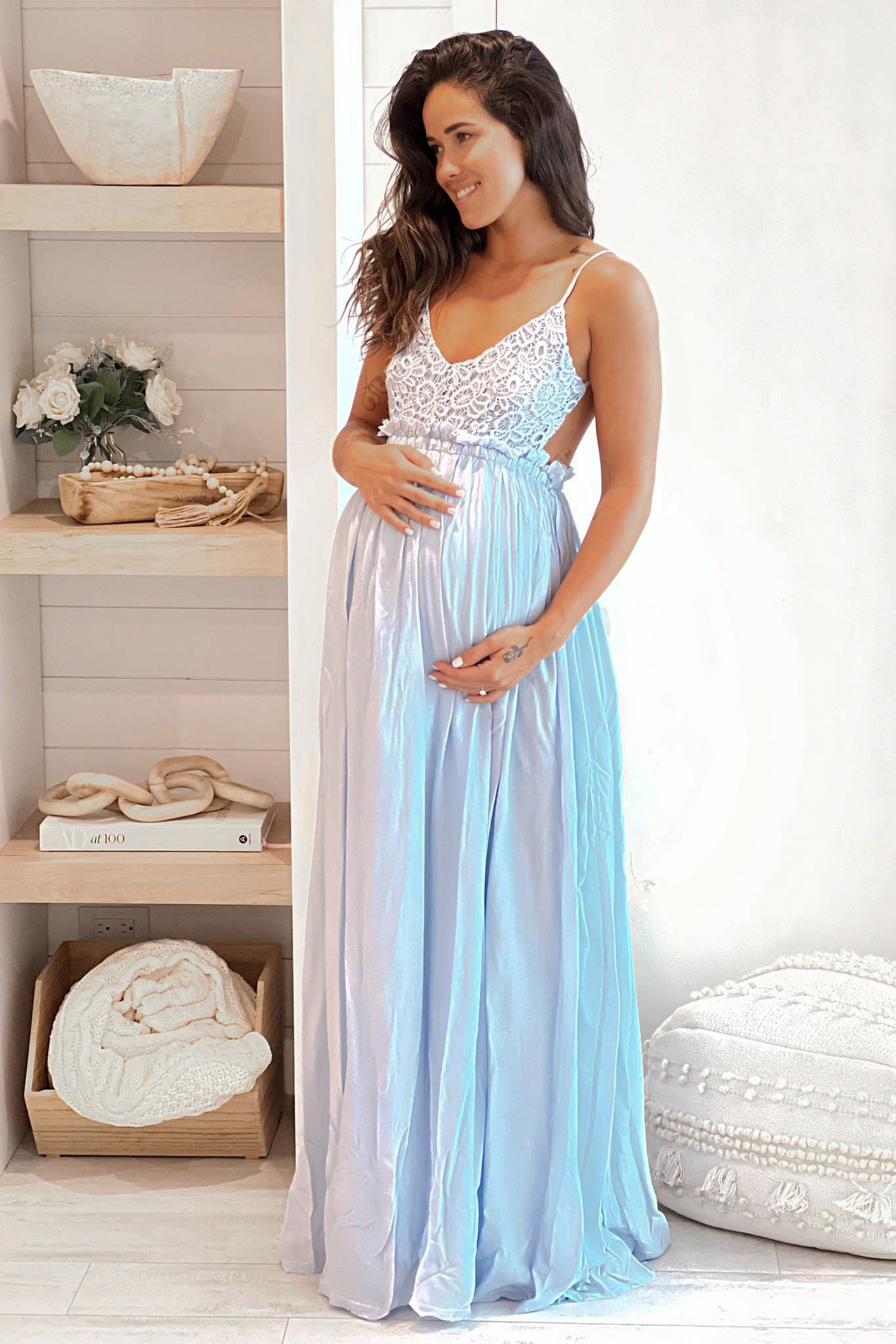 light blue crochet top maternity maxi dress with open back