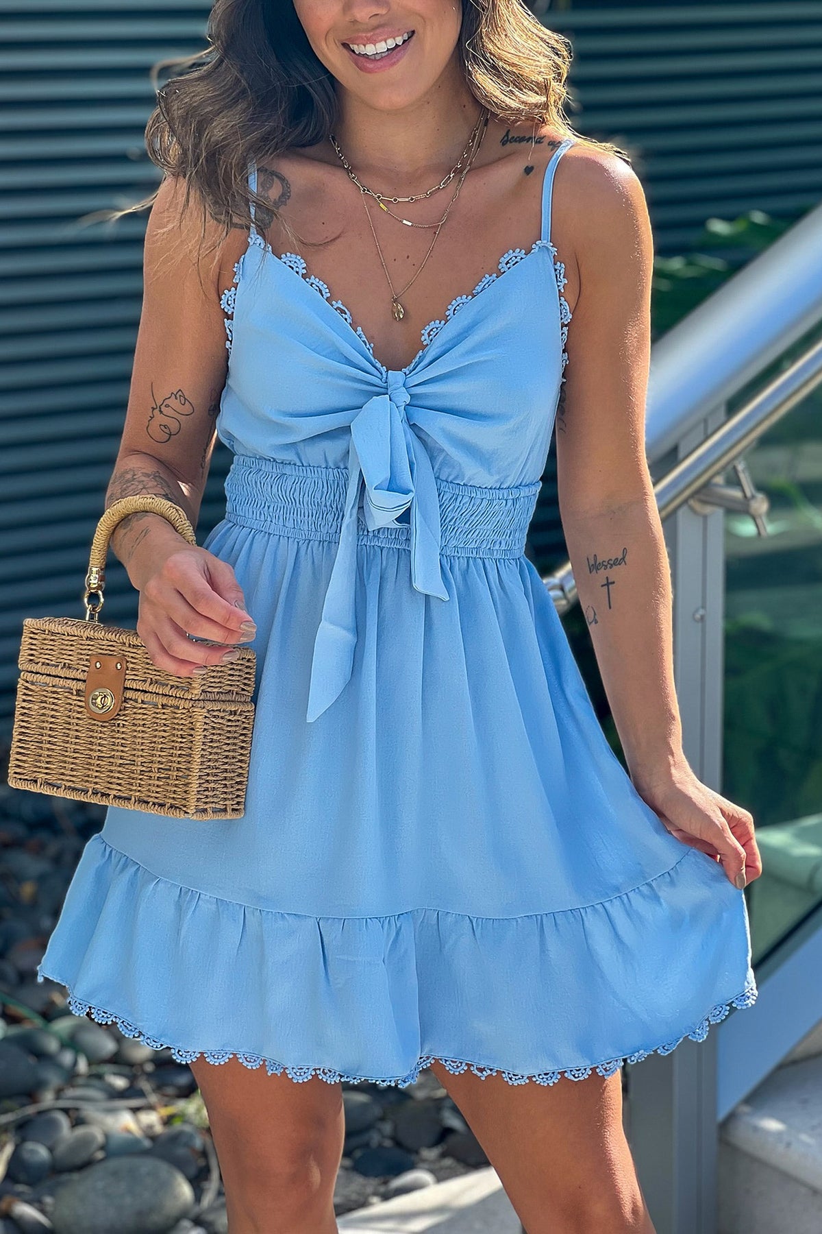 Light Blue Short Dress With Bow