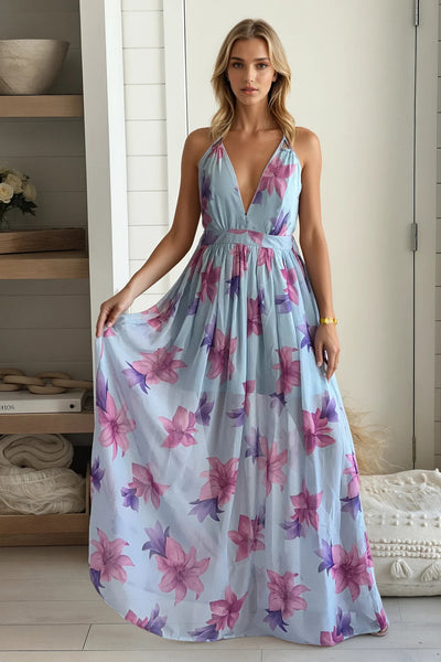 light blue floral maxi dress with criss cross back