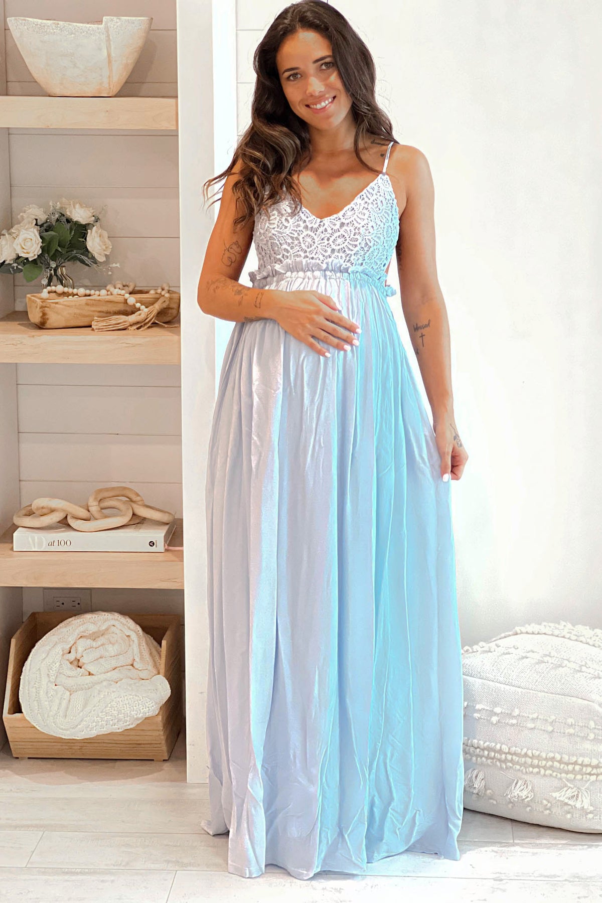 Light Blue Crochet Top Maternity Maxi Dress With Open Back
