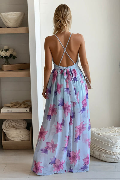 light blue maxi dress with criss cross back