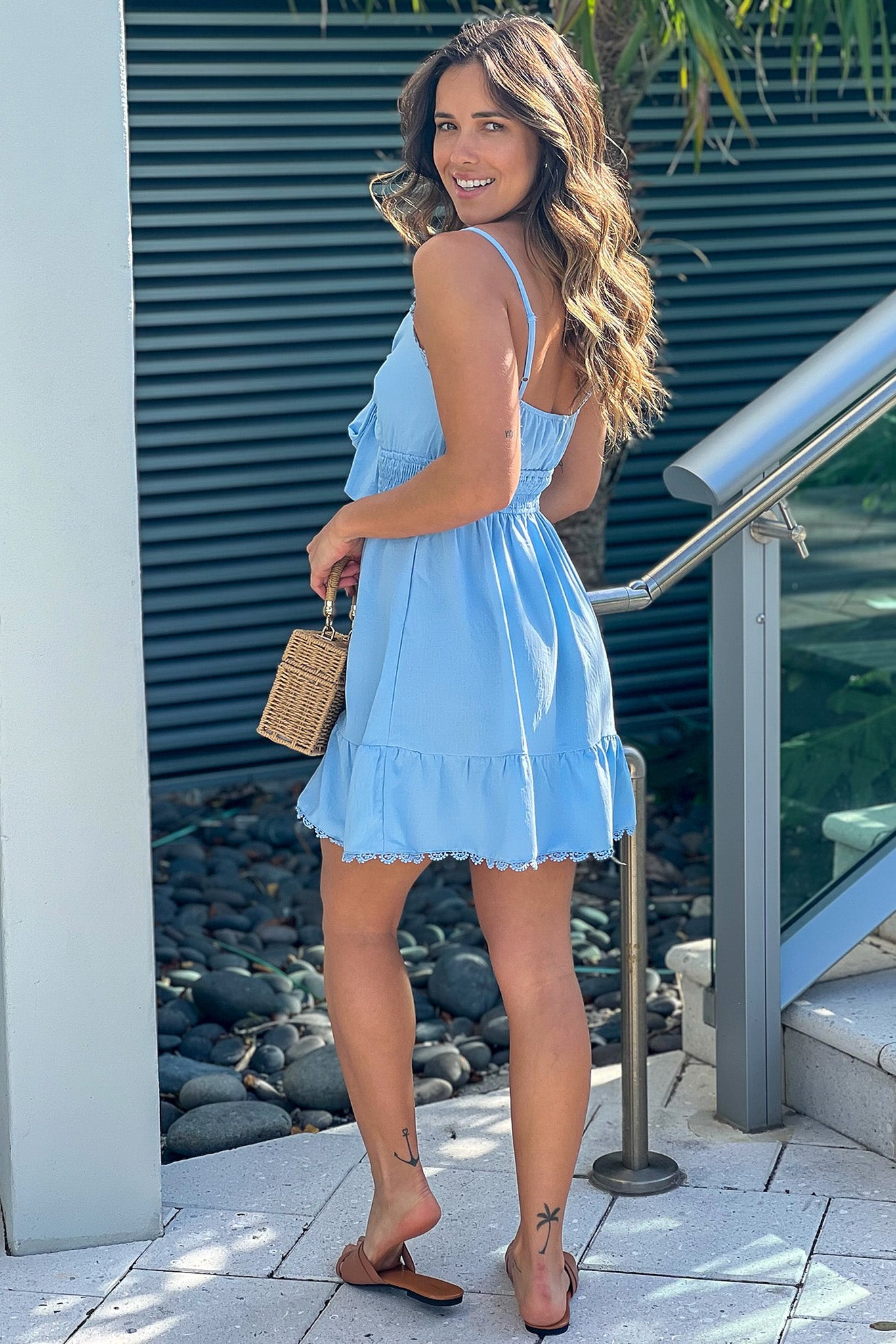 Light Blue Short Dress With Bow