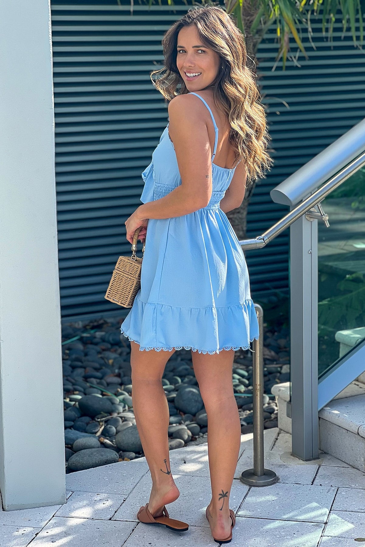 Light Blue Short Dress With Bow