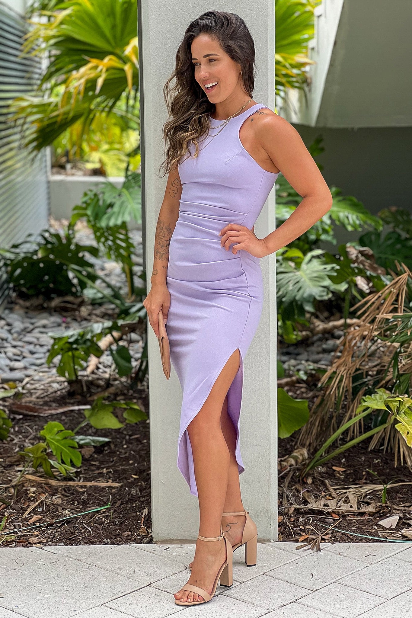lilac pleated dress with side slit