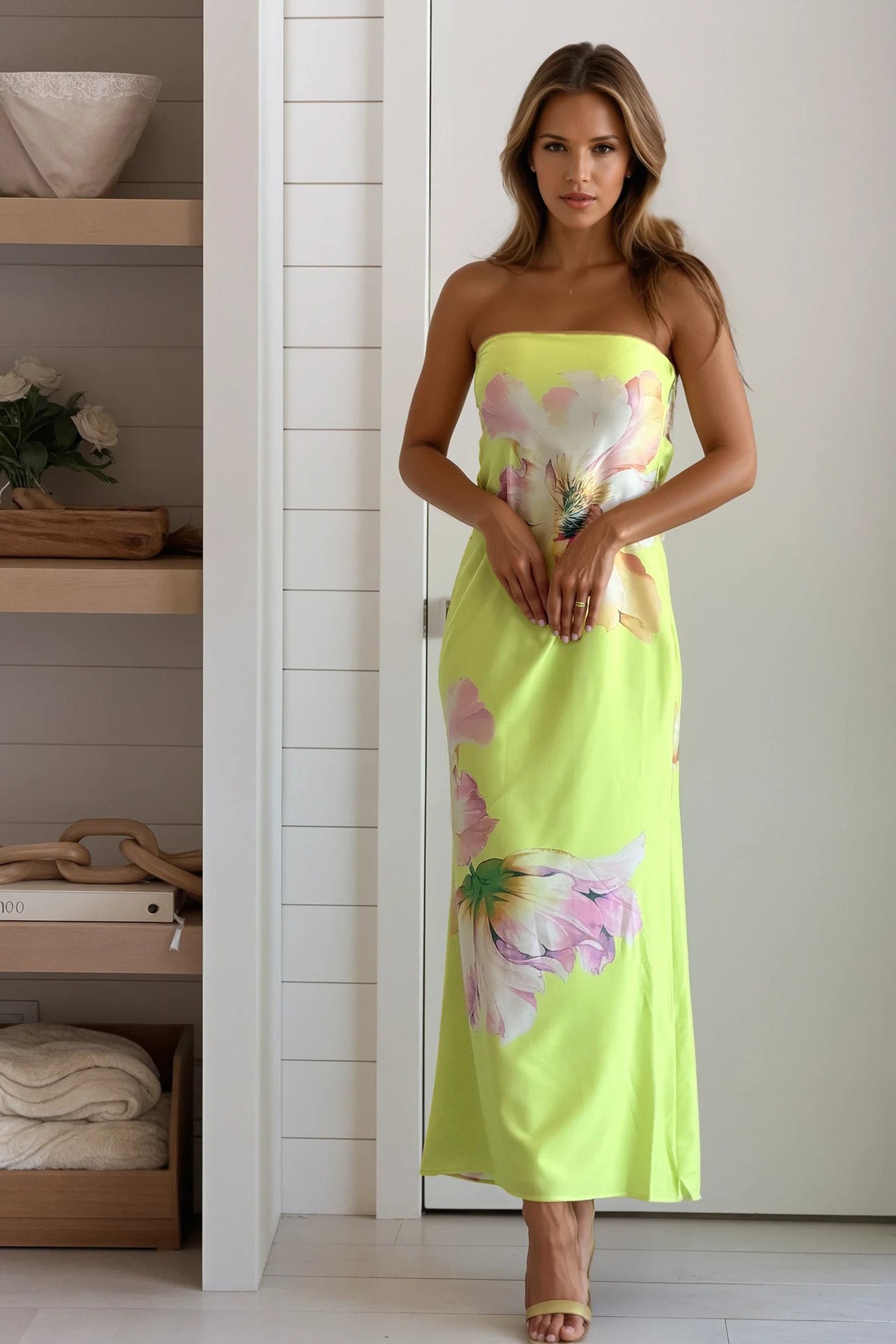 Lime Green Floral Cowl Back Dress