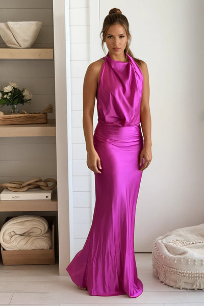magenta cowl front open back satin dress