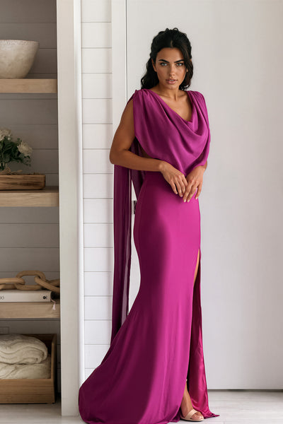 magenta dresses formal Cowl Draped Overlay Maxi Dress dark magenta dress