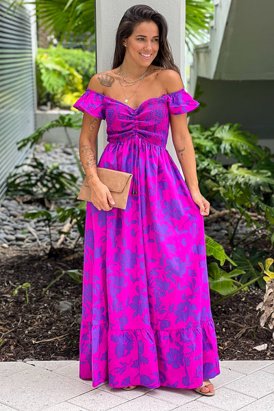 magenta printed off shoulder maxi dress