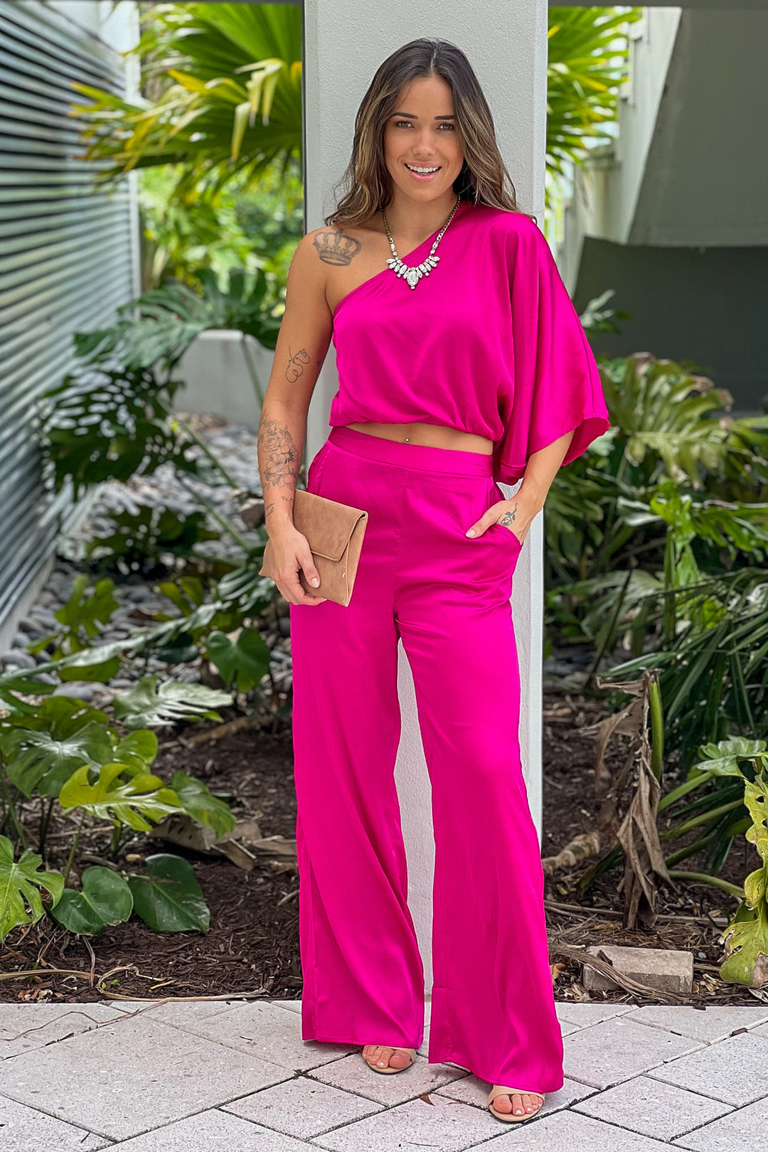 Magenta One Shoulder Satin Top And Pants Set | Online