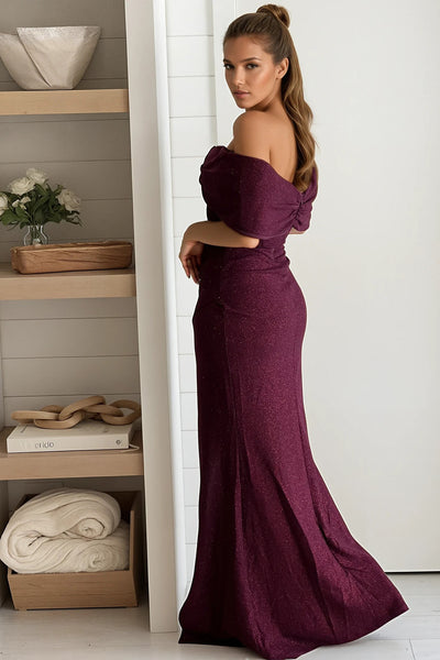 maroon glitter off shoulder maxi dress