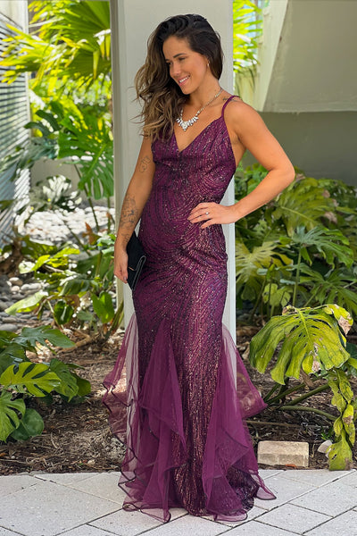 maroon glitter prom maxi dress