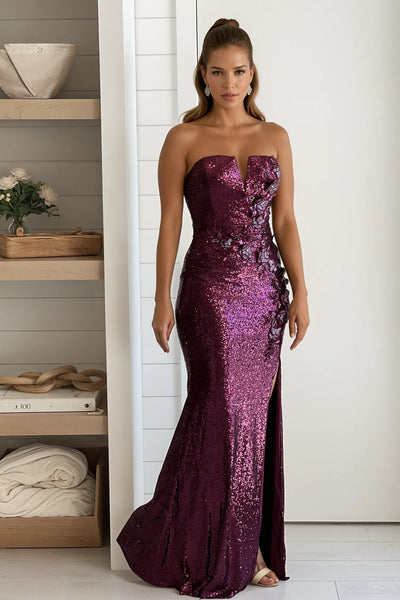 maroon sequin maxi dress with slit