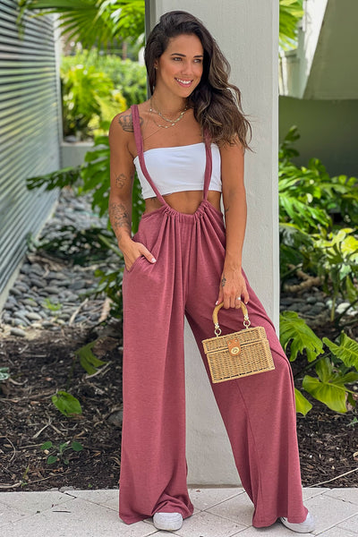 mauve jumpsuit with pockets and tie back