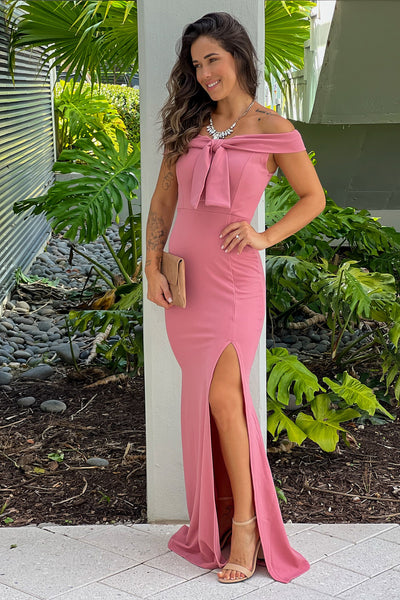 mauve maxi dress with front bow