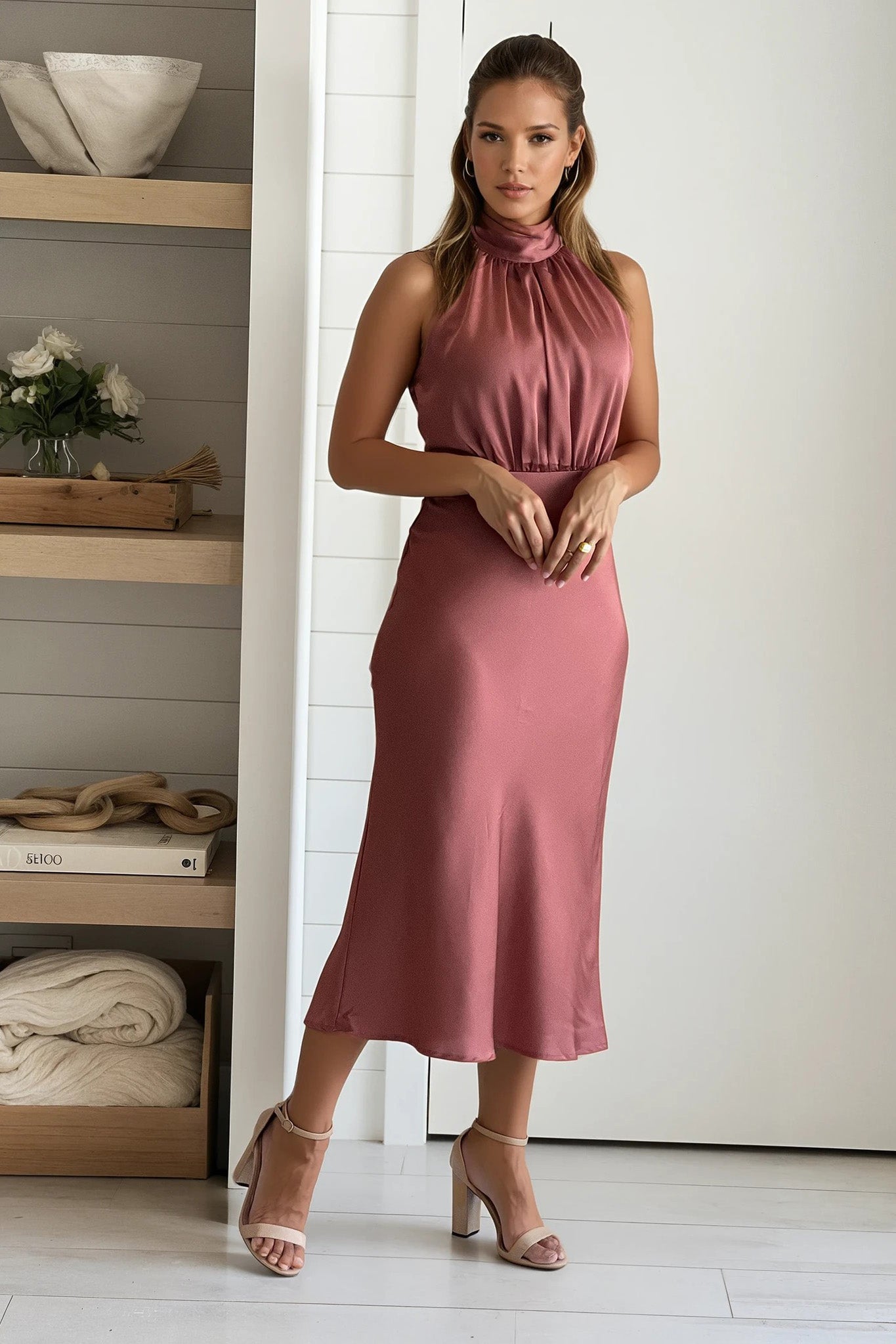 mauve mock neck midi dress